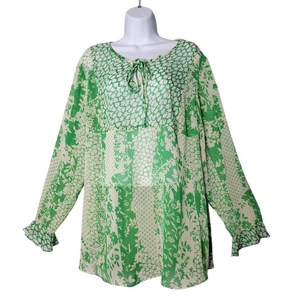 Susan‎ Graver Green and Cream Floral Blouse XL Pullover Artsy Cottagecore Flowy